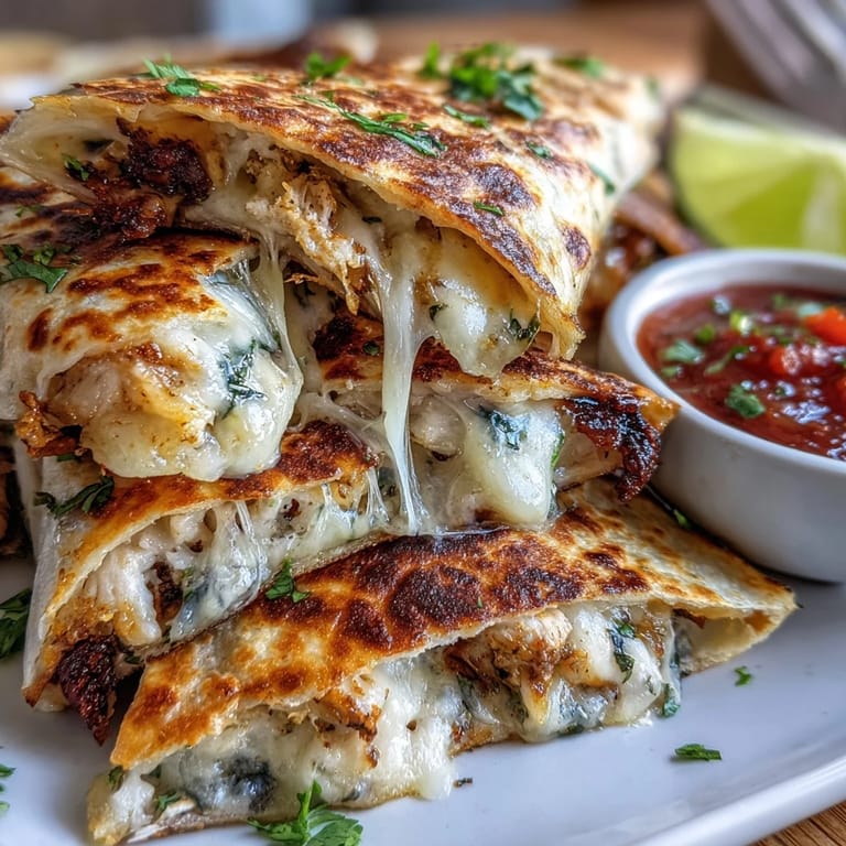 Crispy folded quesadillas filled with bell peppers and spinach, cut into triangles and paired with zesty lime-cilantro salsa.
