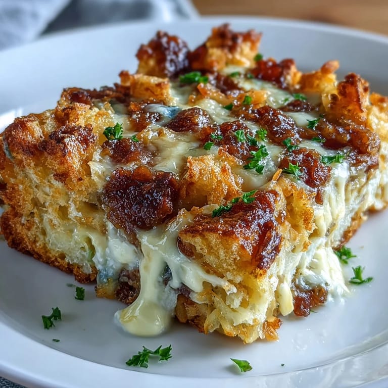 Hearty overnight casserole loaded with eggs, sausage, peppers, and cheese, baked until golden and bubbly.  