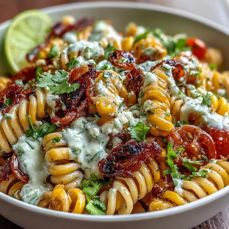 Colorful Mexican Street Corn Elote Pasta Salad with al dente pasta, jalapeño, and crumbled cotija cheese for a bold, tangy flavor.