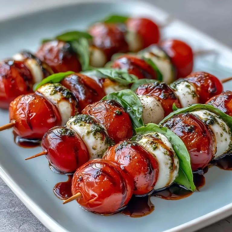 Vibrant Caprese Skewers with Pesto Drizzle: Colorful appetizer with cherry tomatoes, mozzarella, and basil, finished with a zesty basil pesto.