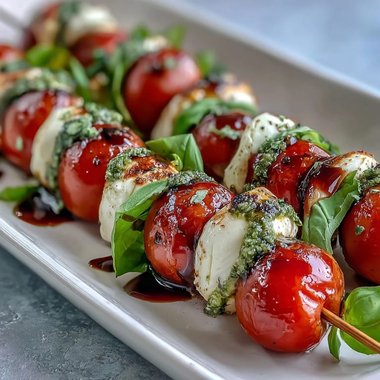 Easy Caprese Skewers with Pesto Drizzle: Juicy tomatoes, creamy mozzarella, and fresh basil on skewers, topped with rich, nutty pesto sauce.