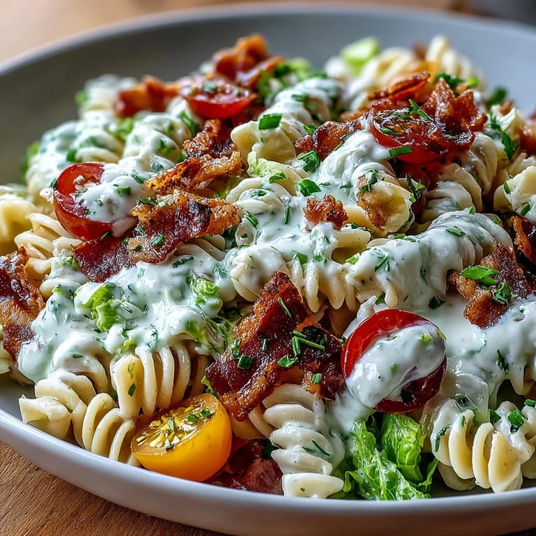 A hearty bowl of BLT pasta with avocado ranch, featuring smoky bacon, juicy tomatoes, and crisp romaine for a satisfying summer meal.