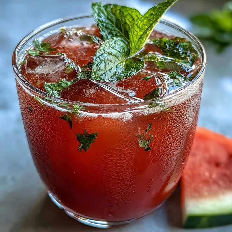 Refreshing watermelon mint lemonade served over ice in a mason jar, with watermelon wedges and lemon slices adding a colorful, inviting touch.