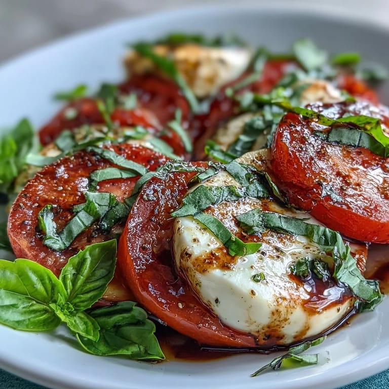 Close-up of Caprese Salad with Basil Oil Drizzle, featuring juicy heirloom tomatoes, soft mozzarella, and aromatic basil leaves, finished with a fragrant basil oil and flaky sea salt.