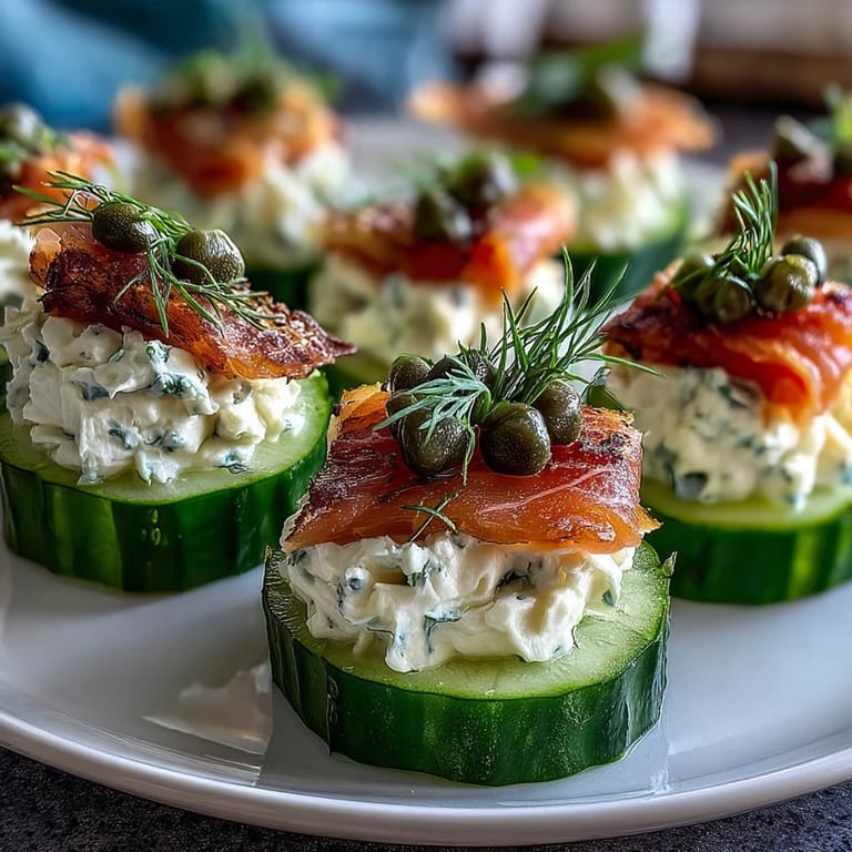 Creamy cheese spread and smoked salmon atop crisp cucumber slices, garnished with dill and capers for a vibrant, elegant bite.