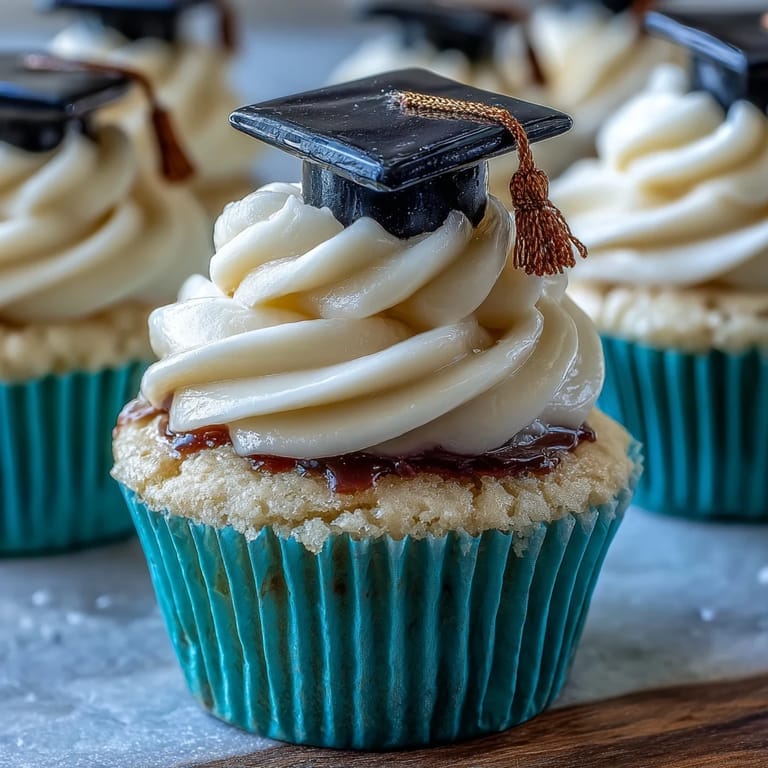 Adorable graduation cupcakes with fondant mortarboard toppers and buttercream swirls, ideal for school-themed parties and festive dessert tables.