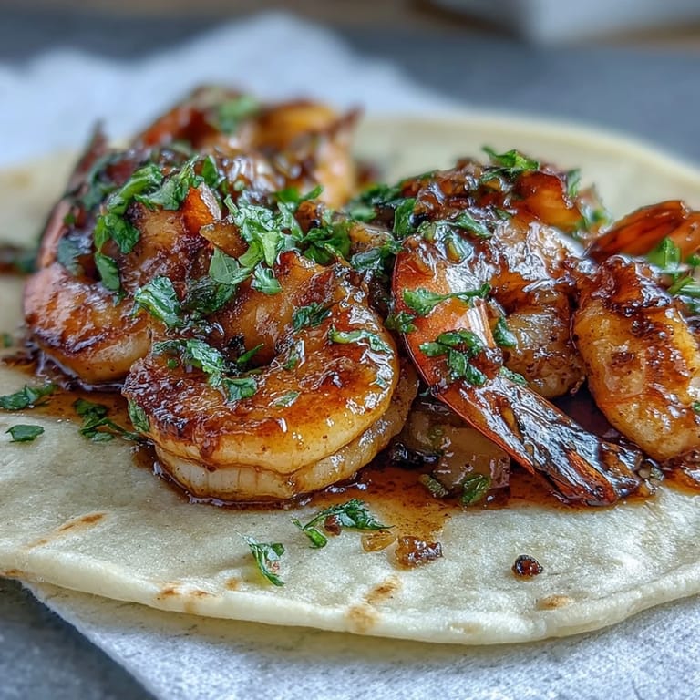 Tender honey garlic shrimp tacos, ready to be devoured with fresh lime.