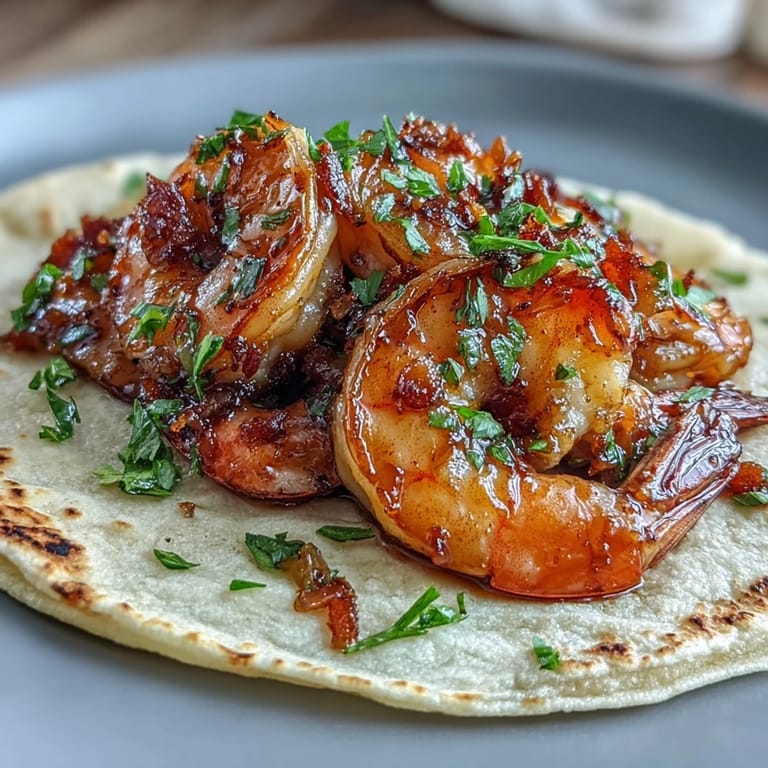 Golden honey garlic shrimp tacos bursting with vibrant shredded slaw.