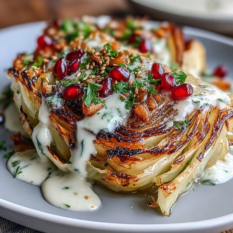Tender, charred grilled cabbage wedges generously sauced with tahini, parsley, and pomegranate seeds.