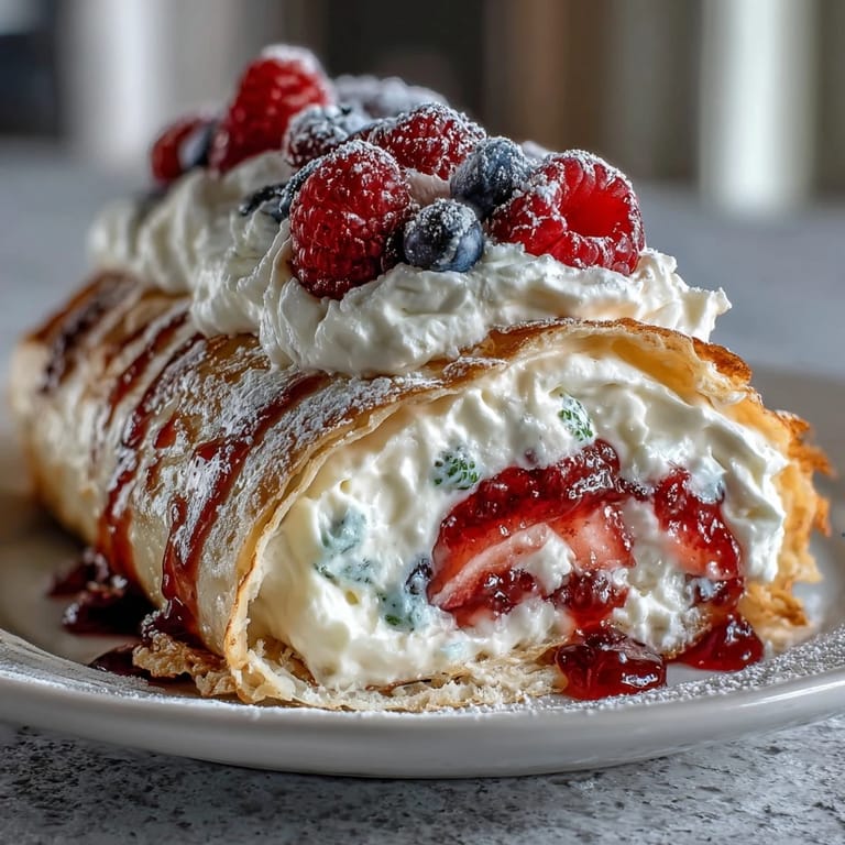 Decadent Crepe Roll Cake, artfully rolled and dusted with powdered sugar and berries.