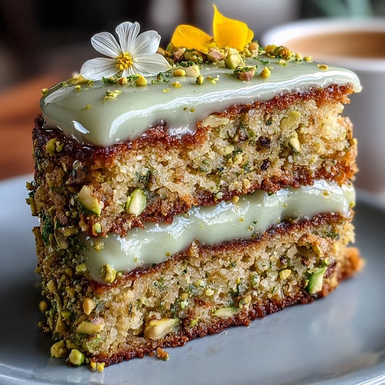 Festive layered cake with bright lemon flavor and crunchy pistachios for celebrations.