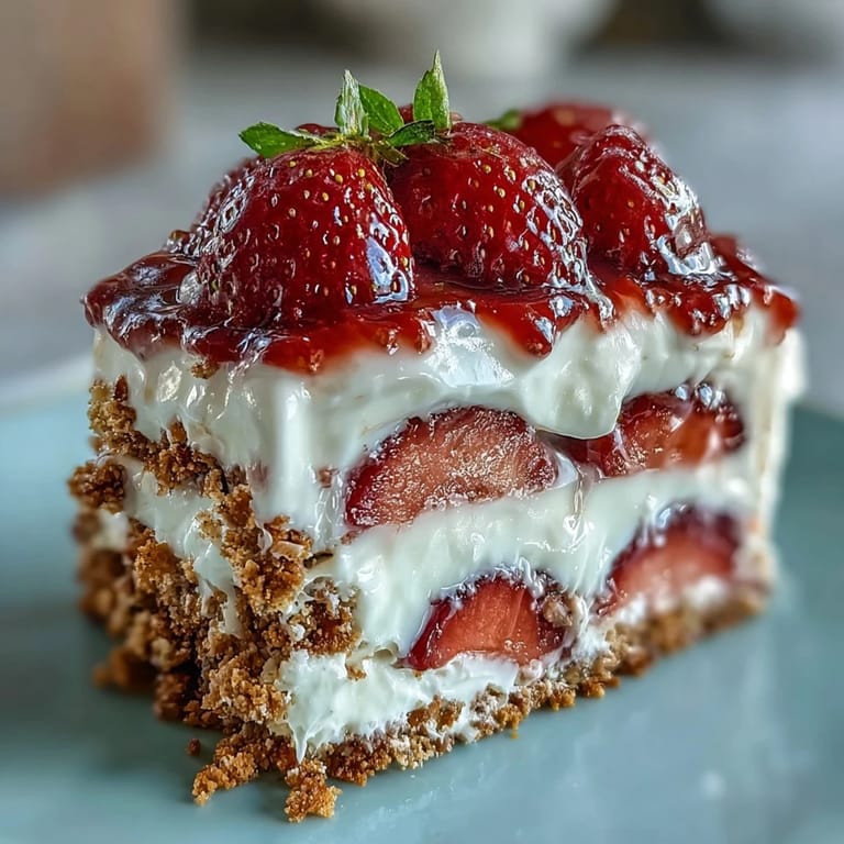 Festive no-bake icebox cake topped with vibrant strawberries and whipped cream.