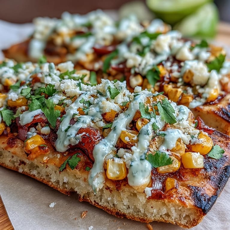 Street Corn Flatbread topped with cotija cheese, cilantro, and a spicy jalapeño crema drizzle.
