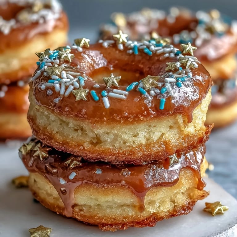 Show-stopping donut tower dessert, beautifully decorated with festive, edible sprinkles.