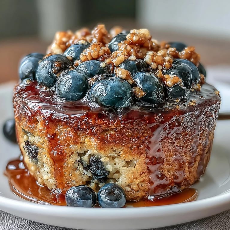 Fluffy blueberry baked oats dish, artfully topped with fresh berries.