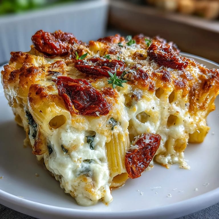 Comforting baked pasta bake with melted mozzarella and vibrant sun-dried tomatoes.