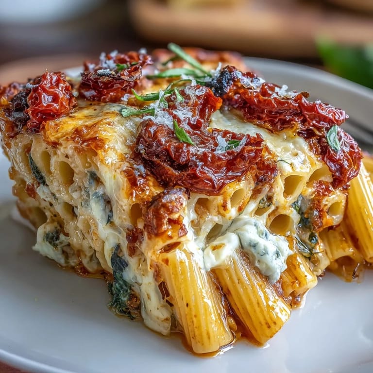 Easy Sun-Dried Tomato Pasta Bake, topped with fresh basil, ready to serve.