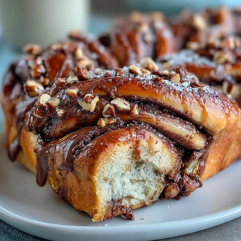 Close-up of a sliced Nutella babka, showing gooey chocolate swirls.