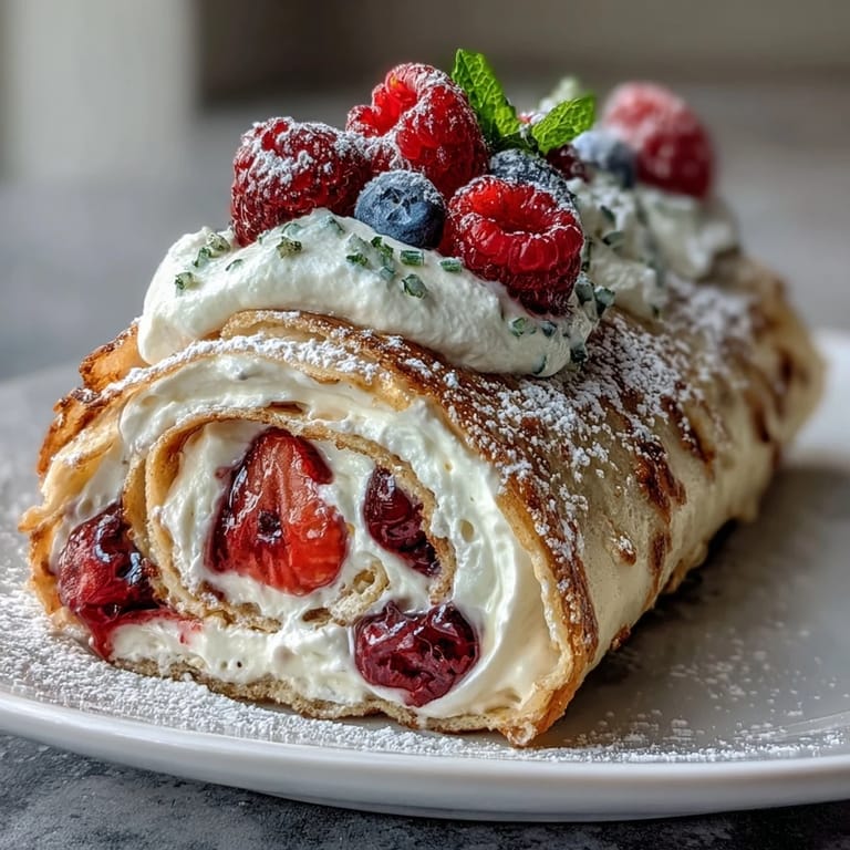Showcasing a beautiful slice of Crepe Roll Cake with vibrant berry and cream layers.