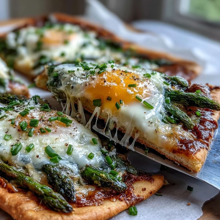 Golden Asparagus and Egg Flatbread, showcasing tender greens and a runny yolk.