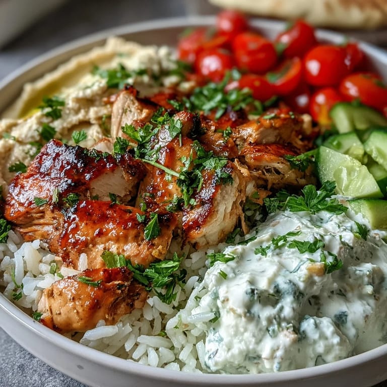 Hearty Greek Chicken Bowls featuring tender meat and bright Mediterranean toppings.