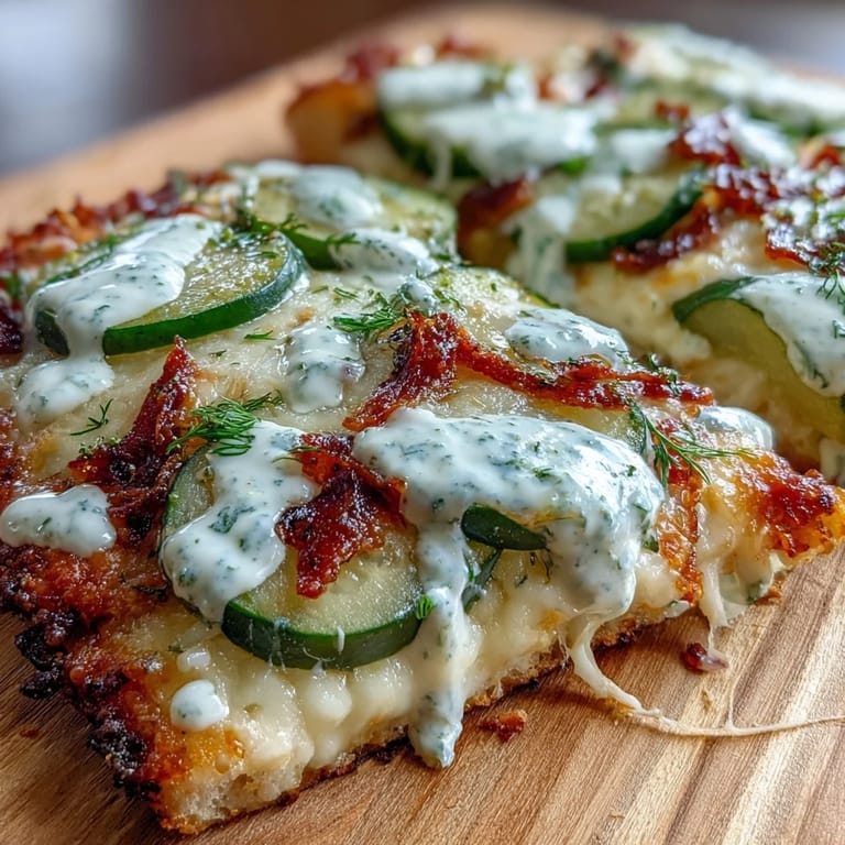 Crispy Pickle Pizza Flatbread featuring a creamy garlic ranch drizzle.