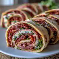 Vibrant Italian sub pinwheel wraps with layers of ham, salami, pepperoni, and provolone cheese rolled in tortillas.