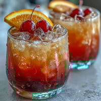 Vibrant ombre sunrise mocktail with grenadine, layered with orange and pineapple juices, topped with sparkling soda and a cherry garnish.