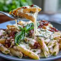 Creamy Marry Me Pasta, studded with sun-dried tomatoes, garnished with basil.