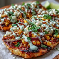 Colorful Cinco de Mayo Street Corn Flatbread overflowing with charred corn and crema.