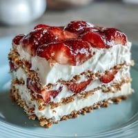 Memorial Day Strawberries Icebox Cake, creamy layers nestled with crushed graham crackers.