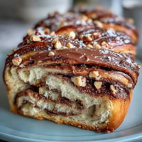 Nutella babka loaf, swirled chocolate filling evident in golden brown layers.