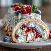 Elegant Crepe Roll Cake filled with fresh berries and sweetened whipped cream.