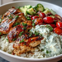 Colorful Greek Chicken Bowls with creamy tzatziki and fluffy rice.