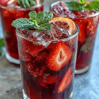 Vibrant Juneteenth Red Drink: Hibiscus Strawberry Lemonade, ready to serve over ice.
